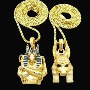 MaxBling81 Unisex 2PC Gold-Plated Egyptian God Anubis Pendant & Chain Link Necklaces Set - 2mm, 20" Daily & 24" Long Box Chains Hip Hop Costume Jewelry