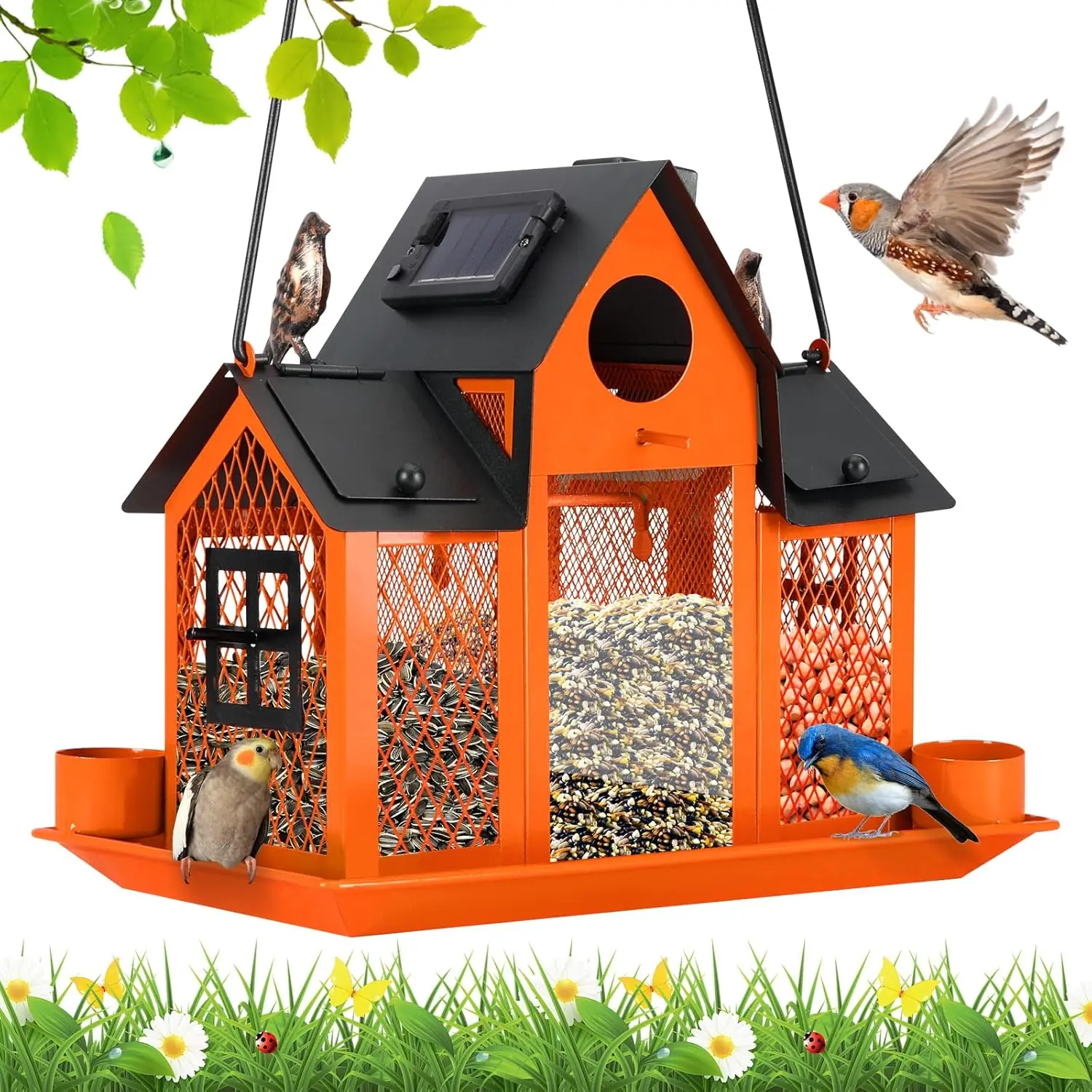Solar Bird Feeders House for Outside , Metal  Bird Feeder for Outdoors, Large Cardinal Bird Feeder Birdhouses Orange