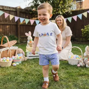 Toddler Baby Easter Clothing Set Fashionable Cute Short Sleeve Bunny Embroidery Tops with Plaid Shorts 2Pcs Outfit