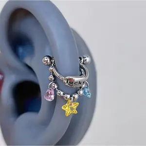 Dopamine Sparkle Star Cartilage Stud | Hypoallergenic Stainless Steel Double-Layer Ear Chain Design Trendy Jewelry Trendy Fashionable Accessories High Quality Earrings Stackable Earrings
