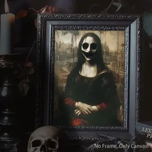 1Pc, Wooden Picture Frame, Magnetic Wall Painting, Mona Lisa'S Funny Face Pattern Painting, Modern Style, Halloween Wall Art Poster, Terrifying Home Decoration, Suitable For Living Room, Sofa, Headboard, Corridor, Bedroom, Bathroom, Office