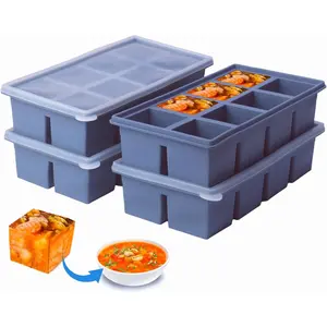 1/2 Cup  Freezer Tray With Lid -  Freezer Molds 4-Pack For meal prep & freezing of various sauces and other dishes, makes 32  1/2 cup portions cubes (Blue 4 Pack)