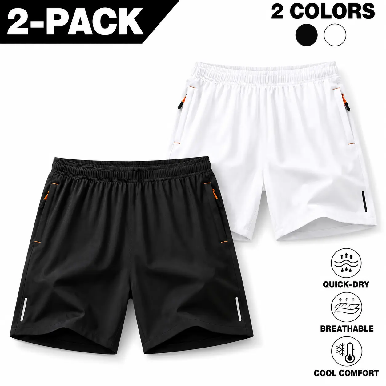 2-Pack Men's Quick-Dry Athletic Shorts with Zipper Pockets, Lightweight Stretch Running Workout Shorts with Elastic Drawstring Waist and Reflective Accents for Gym, Fitness and Training