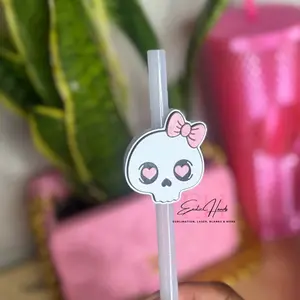 Cute Skull Straw Topper with Pink Bow | Reusable Straw Charm | Tumbler Accessory | Halloween, Spooky Cute