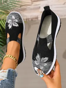 Women's Breathable Mesh Floral Embroidery Slip-On Shoes, Soft Sole Thick Bottom Anti-Slip Comfortable Casual Footwear, One-Step on Design