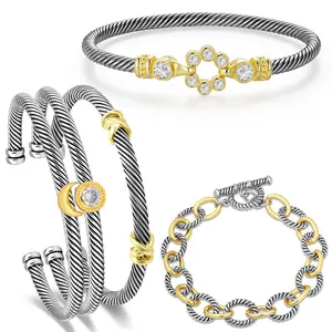 Aprilery 5-Piece Bracelet Set – Two-Tone Cable Cuffs with Sun and Moon Motifs, Double-Knot Bangle, and Textured Chain Link Jewelry
