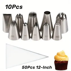 Cake Decorating Icing Piping Tip Set, Including 10Pcs Decorating Tips Stainless Steel Plus and 50pcs Disposable Pastry Bags for All Your Baking Needs