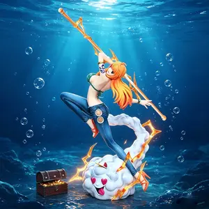 One Piece Nami Collectible, Nami & Zeus Action Figure，Clima-Tact Battle Pose with Zeus Special Effects， Nami Clima-Tact Form Statue, 2 Styles with Zeus and Treasure Chest，Clima-Tact Battle Pose