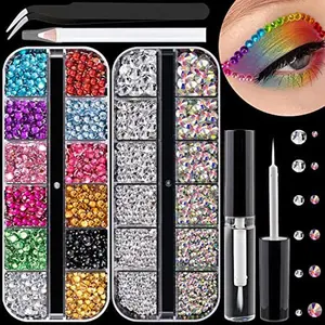 Colorful Flat Back Rhinestones Kit - Crystal AB & Transparent White Face Gems, Nail Art Supplies with Quick Dry Glue, Picker Pencil, and Tweezer