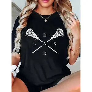 Women’s Black LAX Lacrosse Sticks & DAD Graphic T-Shirt, Casual Sports Fan Tee for Lacrosse Game Day, Lovers & Dads