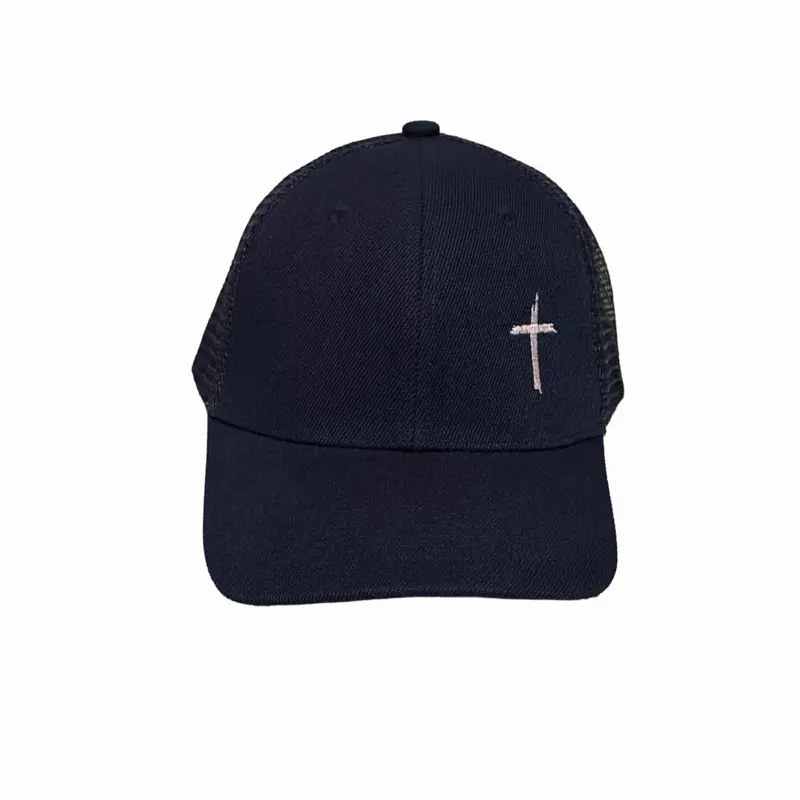 Navy Blue Curved-Brim Fashion Hat with Fade-Away Cross Detail, Stylish Clothing Accessory