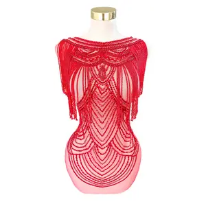 Handmade Red Beaded Fringe Applique Bodice Trim for Bridal Prom Evening Dress Decoration Luxury Clothing Accessories Embroidered Mesh Tulle V Neck Formal Wear Design