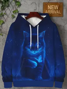 Starry Blue Cat Hoodie Sweatshirt, 3D Printed Fashion Jacket, Fall & Winter Trendy Piece, Casual Loose-Fitting All over Print