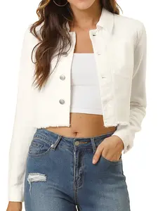 INSPIRE CHIC Jean Jacket Frayed Button Up Washed Cropped Denim Jacket