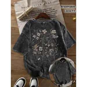 Summer Tops2026Women'S 230g Heavyweight Washed T-Shirt - Vintage Floral & Print Oversized Round Neck Short Sleeve, Y2K Retro Loose Fit Casual Everyday Top, Soft Breathable All-Season Layering Essential