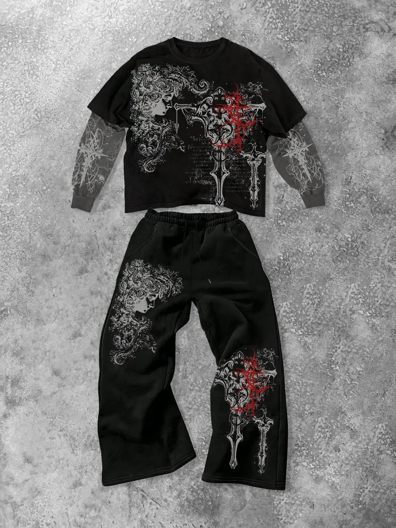 Men's Gothic Style Pattern Two-Piece Set Long Sleeve Sweatshirt & Wide Leg Pants, Dark Streetwear, Fashionable Casual