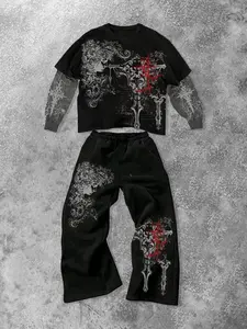 Men's Gothic Style Pattern Two-Piece Set Sweatshirt & Wide Leg Pants, Dark Streetwear, Fashionable Casual