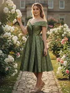 Green 1950s Off-Shoulder Vintage Dress Formal Womenswear Sleeveless Floral Valentine's Day Summer Holiday Dress wedding guset with Back Concealed Zipper Knee Length