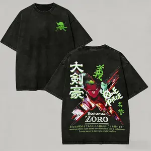 Mens Womens Black Washed One Piece Zoro Pirate Swordsman Bushido Code Retro Distressed Washed Graphic Tee Short Sleeve Crewneck Cotton Top for Gothic Pirate Streetwear Enthusiasts and Daily Casual Wear