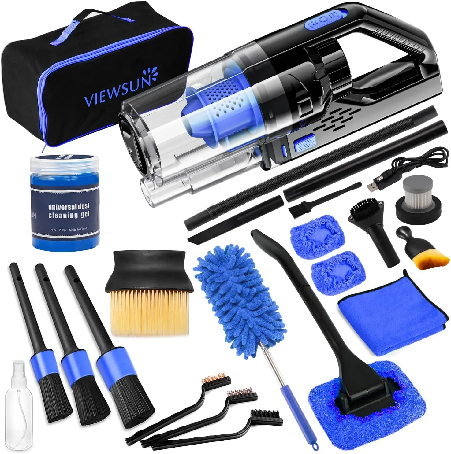 【Summerfinds】Viewsun Car Cleaning Supplies Multipack - Cordless Rechargeable High-Power Handheld Vacuum, 3 Detailing Brushes, Windshield Cleaner, Cars Accessories for Men Gift