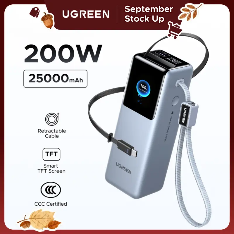 UGREEN Nexode 25000mAh 200W Portable Charger - Ultra Fast Charging Power Bank with Built-in Retractable USB-C Cable, Universal Charging USB Power Banks for Laptops, MacBook Pro/Air, iPhone 17/16, Rechargeable Tech Accessory, Fast Charging Power Banks