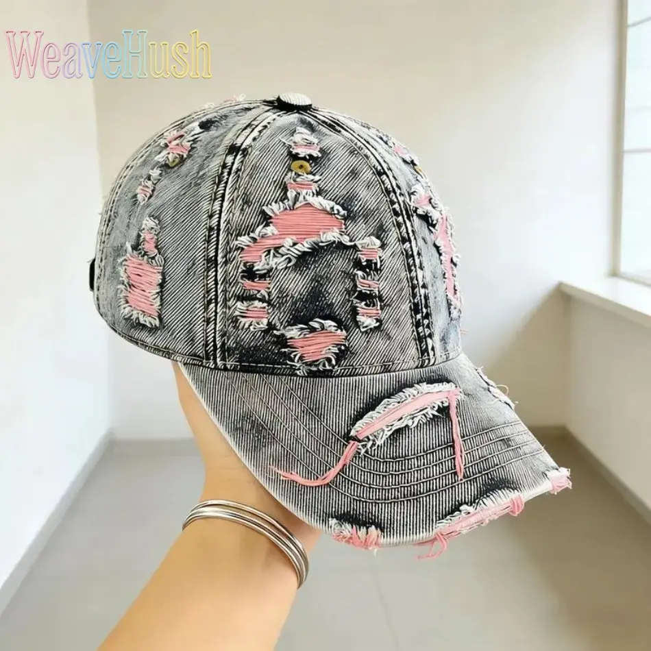 Retro Washed Denim Trucker Cap with Distressed Design, Unisex Ripped Baseball Hat for All Seasons with Sun Protection, Sports Outdoor Hats, Adults, Women