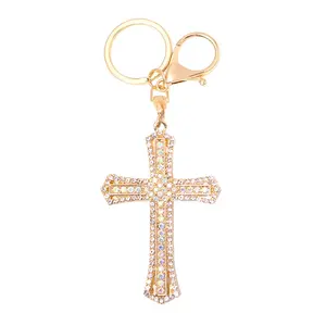 Summer Rhinestone Cross Keychain, Gold Alloy Crystal Bag Charm & Car Pendant, Fashion Religious Accessory
