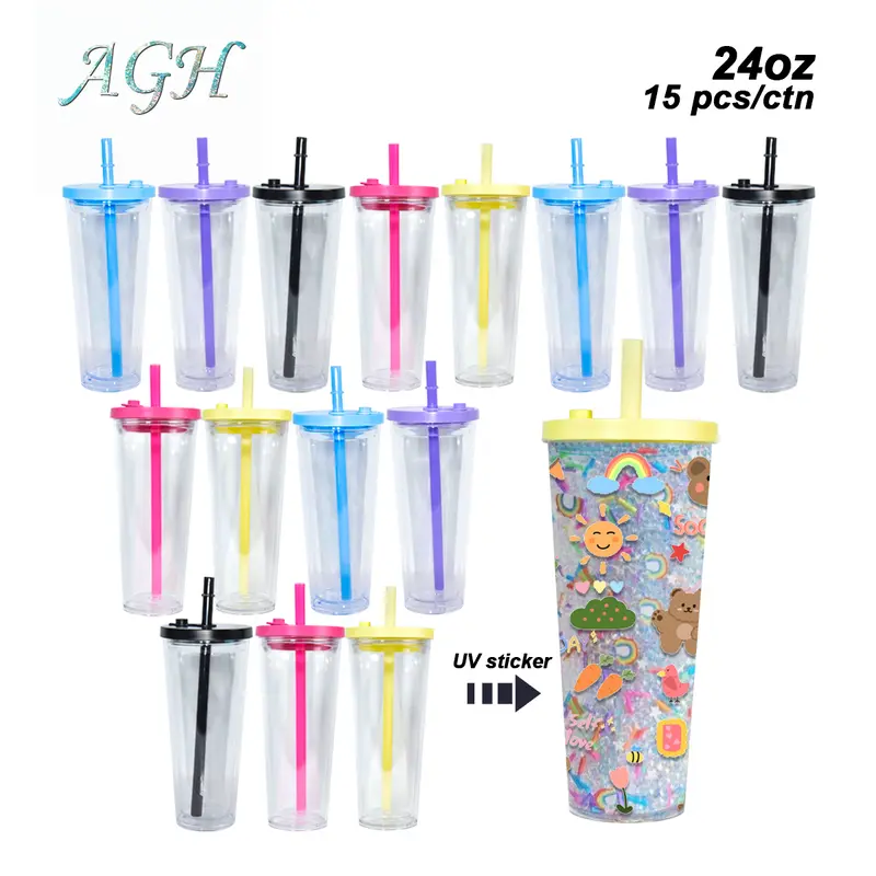 AGH US 15PCS 24OZ NEW 2026 SPRING COLOR SNOW GLOBE Plastic car coffee mug tumbler with Leak-proof lids and bubble tea straws for traveling