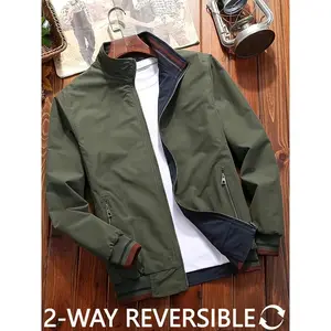 Men's Reversible Jacket - Reversible front and back, zippered pockets, stand collar - Available in Olive Green/Navy - Work, outdoor, everyday outerwear - Machine washable non-stretch fabric with striped details, Jacket
