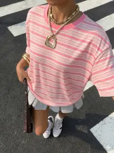 Women's Striped T-Shirt, Youthful Girls Sporty Simple Campus Fashion Streetwear Casual Vintage High-End Slim Fit Womenswear