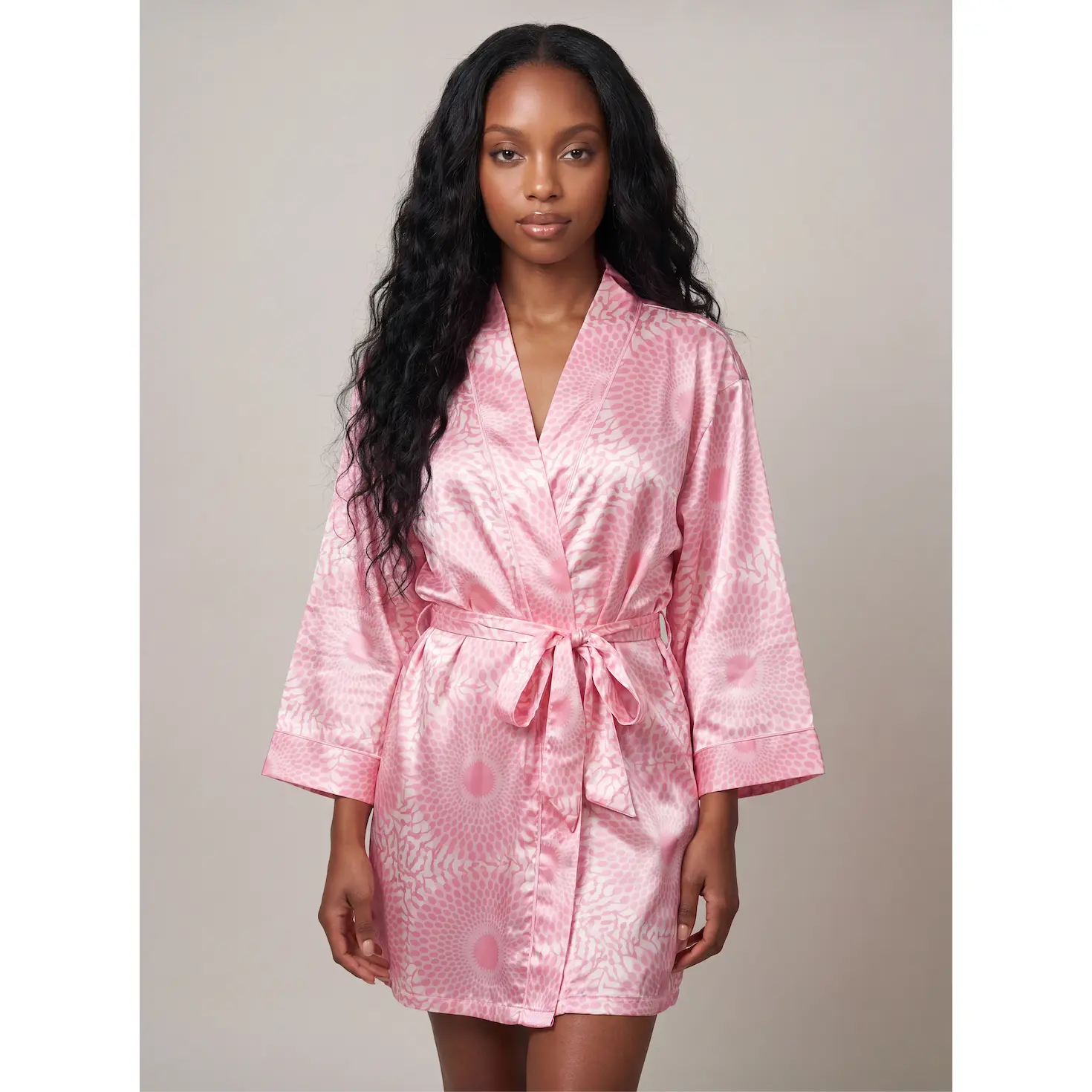Women's African Print Bathrobe - 100% Luxury Poly Satin, Chic, Elegant, 1 Size, Adjustable, Blush Pink
