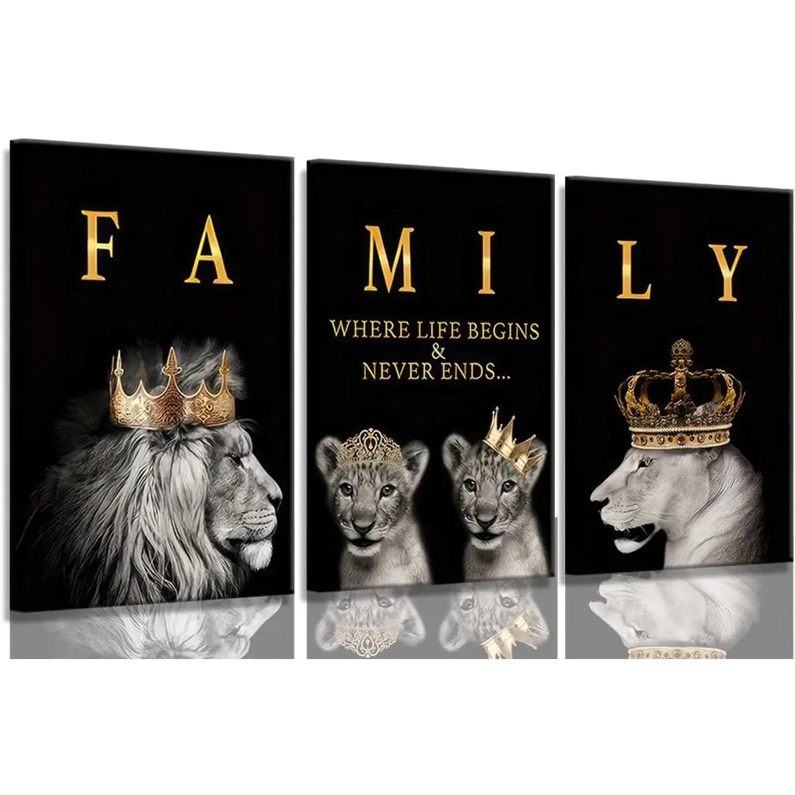 3 Pieces Lion Family Framed Canvas Wall Art, Lion King and Queen with Golden Crown, Modern Black and White Animal Motivational Poster, Home Wall Decor