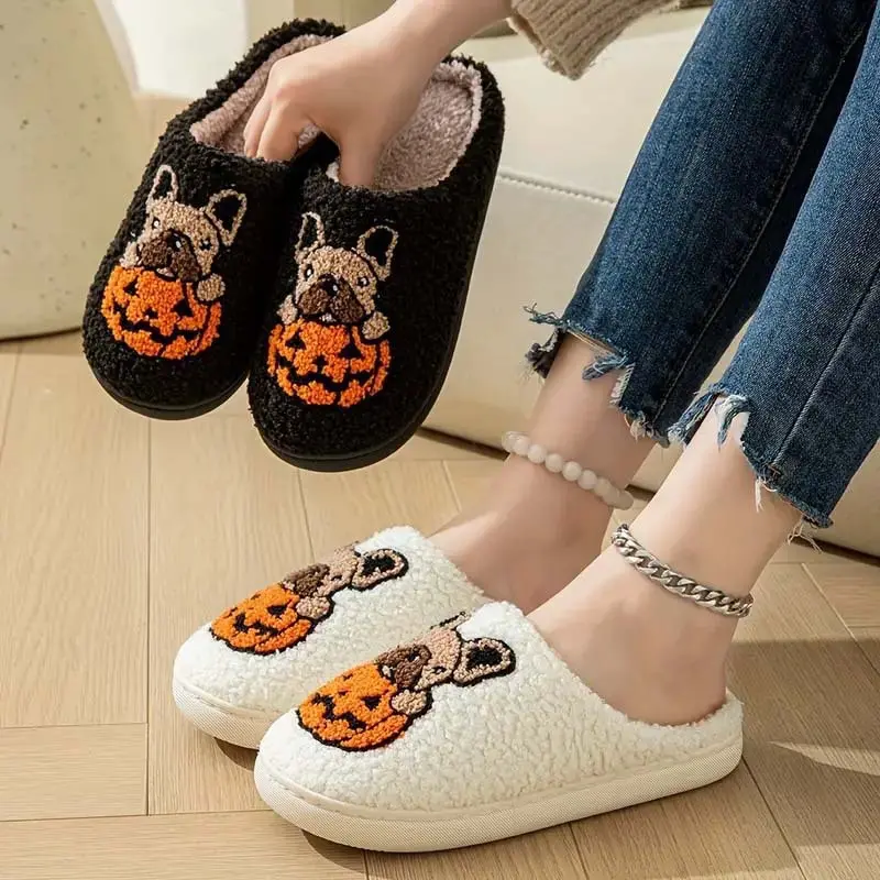 Unisex Halloween Pumpkin Casual Slipper Booties, Plush Fabric Home Footwear with a Warm Lining and Non-Slip Soft Sole, Slippers For Women, Ankle, Synthetic, Plaid, Fabric Upper, Indoor-Outdoor, Playful Pumpkin Art, Rubber Sole, Cute Sweet, Breathable