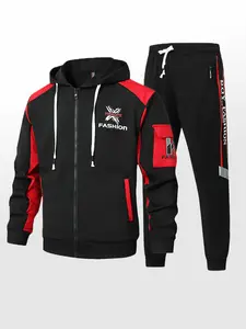 Men's Colorblock Hooded Jacket & Pants Set, Athletic Activewear Tracksuits, Sweatsuit Set, Long Sleeve Autumn Winter, Casual Sportswear for Men, Comfortable Daily Wear