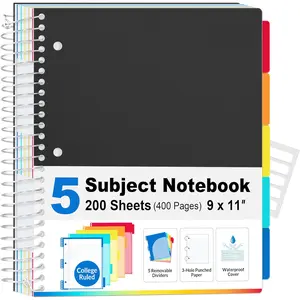 5 Subject Notebook College Ruled - 400 Pages, 9"x11", 5 Pocket Colored Dividers, 3-Hole Punched Paper, Black