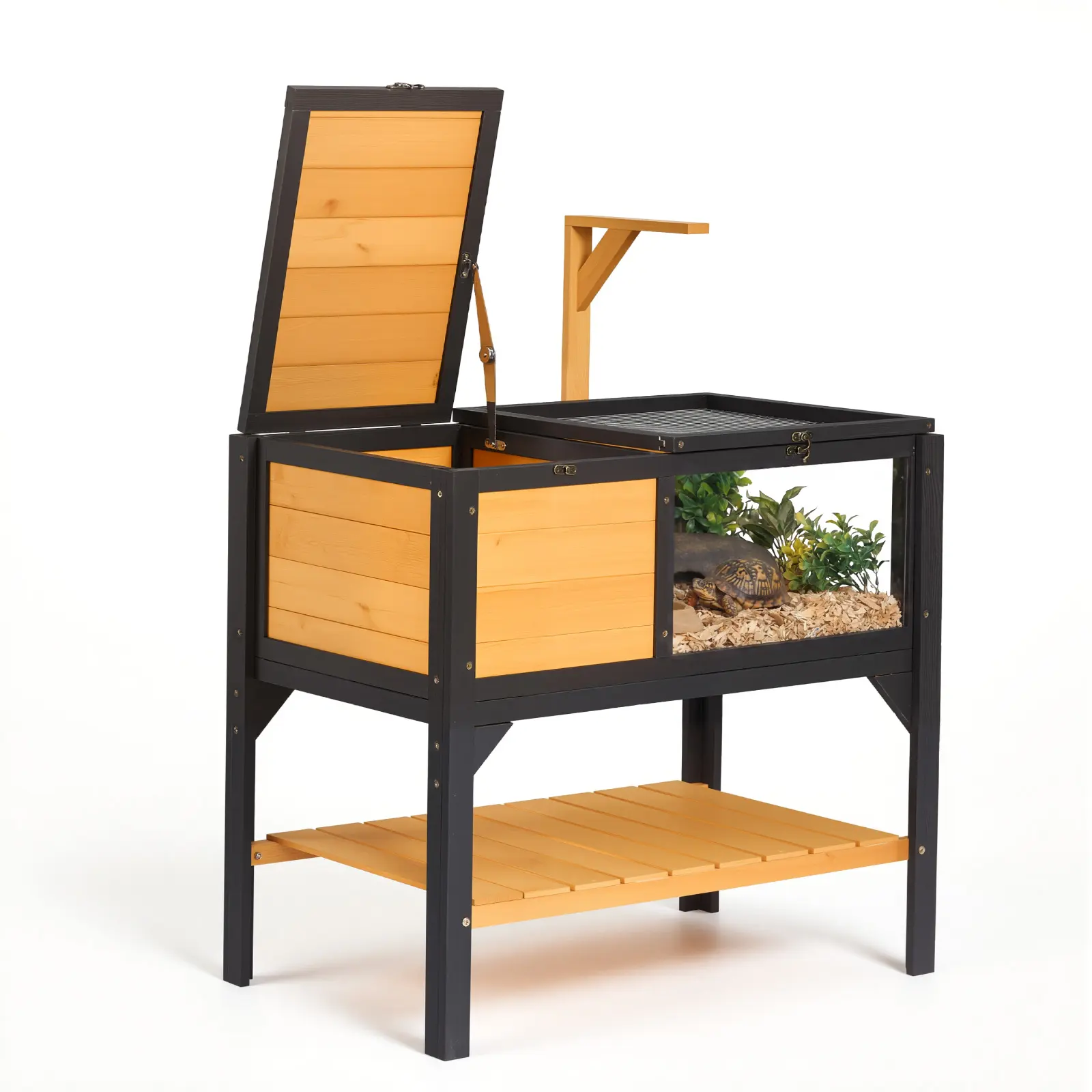 VEVOR Tortoise Habitat 2-Room Wooden Tortoise House with Storage Shelf, for Small Animals Indoor Outdoor, Lamp Stand, Large Turtle Enclosure Reptile Cage with Openable Roof, Acrylic Viewing Window
