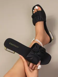 Women's Fashion Pleated Block Heel Sandals, PU Material Summer Vacation Slip-On Shoes, Comfortable and Stylish Footwear, PU Leather Sandals