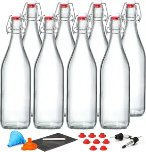 8 Pack 1L Swing Top Glass Bottles with Airtight Lids – Flip Top Bottles for Kombucha, Fermented Drinks, Juice & Soda, Leakproof Storage with Extra Seals & 2 Pourers