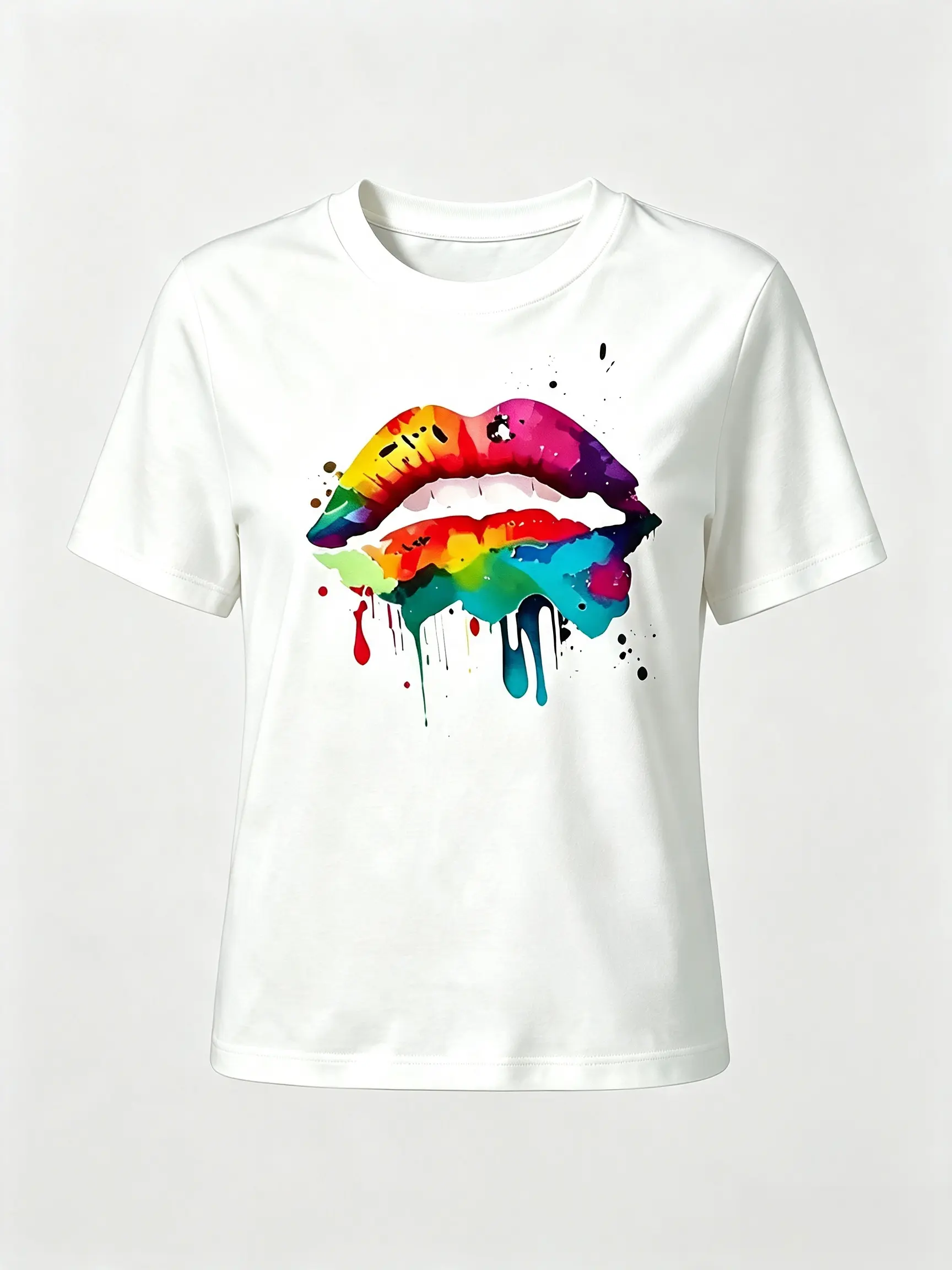 Women’s watercolor rainbow lips graphic t-shirt, colorful drip art print crew neck short sleeve tee, casual streetwear fashion top for everyday party outfits