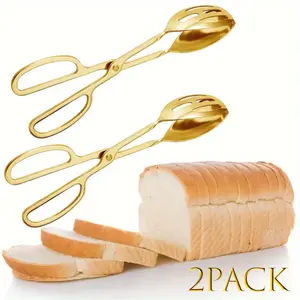 2 Pieces Buffet Salad Tongs for Kitchen Serving and Cooking, Stainless Steel Food Scissor Tongs, Catering Utensil for Bread Cake Bake Steak Barbecue (Gold)