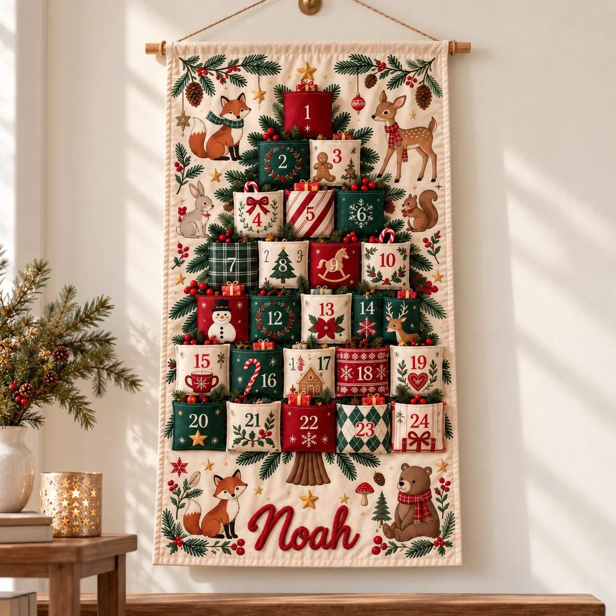 Custom Christmas Advent Calendar, Personalized HG Embroidered Name Advent Calendar, 4 Pocket Canvas Christmas Countdown,Kids Holiday Wall Decor