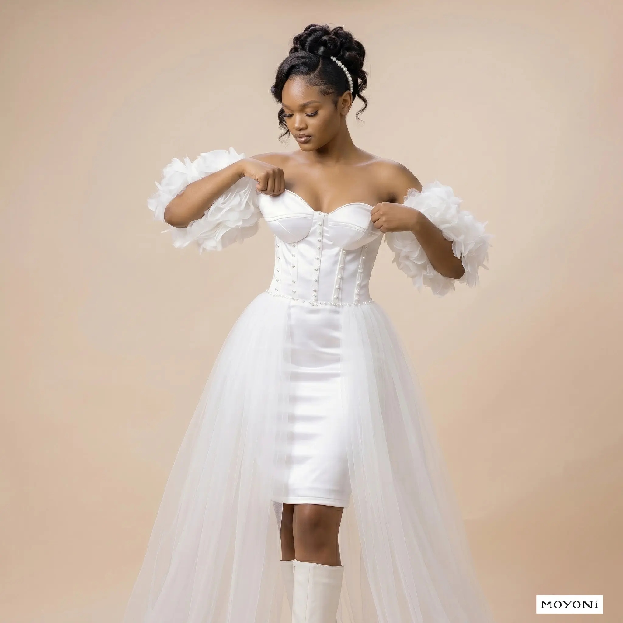 Women's Pearl-Boned Corset-Style Formal Bridal Gown, White Ruffled Sheer Mini Dress with Tulle Train - Off-the-Shoulder, Pearl-Encrusted White Party Dress, Gowns, White Party Dresses