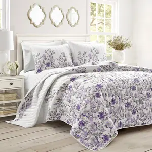 Lush Decor Tanisha Reversible Quilt 3 Piece Set with Floral Design, Includes Pillows and Covering