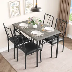 5 Piece Space-Saving Dining Table Set for 4, Modern Rectangular Dining Table with 4 Luxe Upholstered Metal Chairs, Rustic Farmhouse Dining Room Furniture Perfect for Small Spaces & Apartments, Rustic Gray / Brown