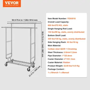 VEVOR Heavy Duty Clothes Rack, Double Hanging Rod Clothing Garment Rack for Hanging Clothes, Adjustable Height and Extendable Length Clothing Rack with Bottom Storage Area, 600 lbs Load Capacity
