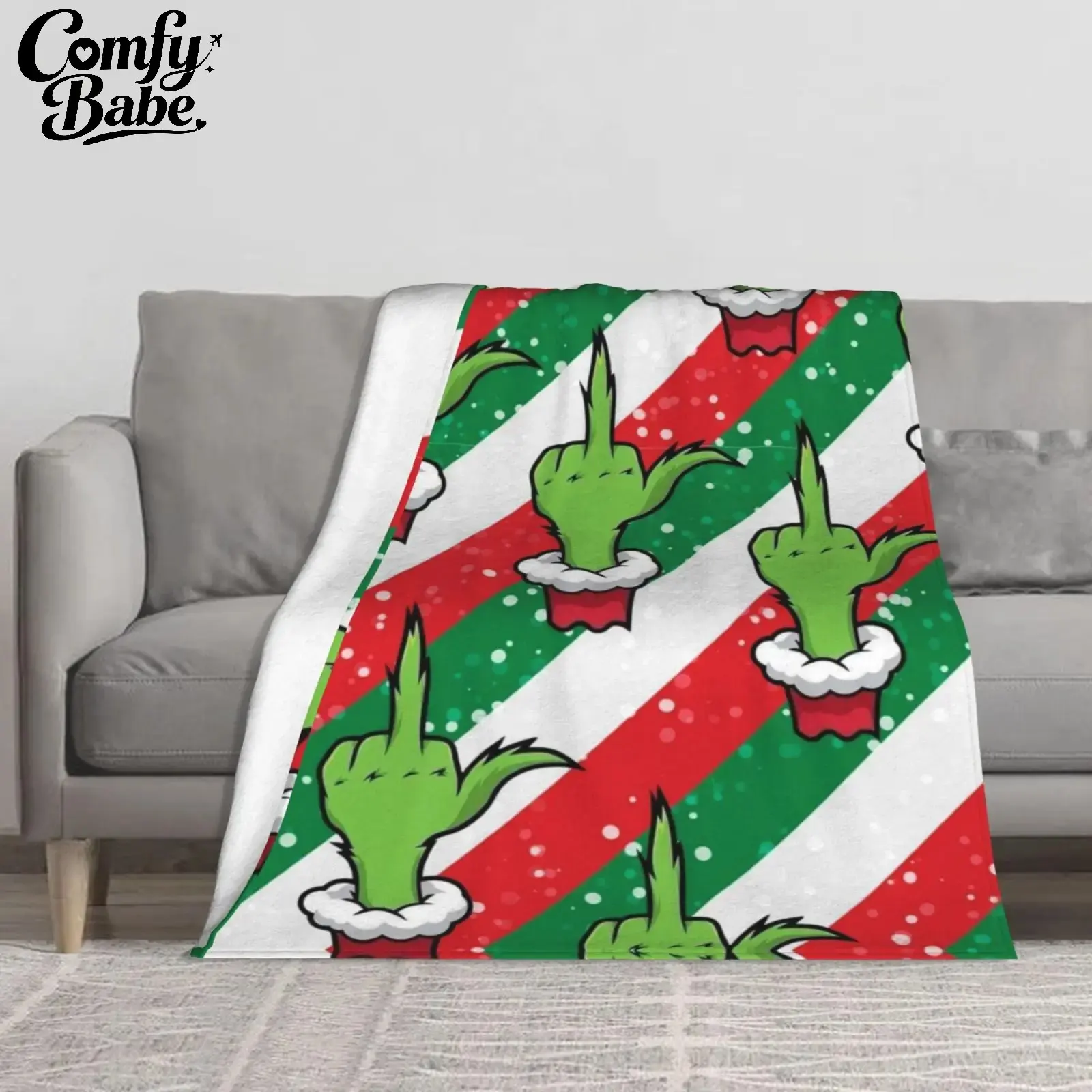 Grinch Inspired Funny Christmas Fleece Throw Blanket - Red Green Stripe Soft Flannel Holiday Blanket, Humorous Xmas Gift for Adults, Couch Bedroom Home Decor