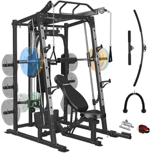 SunHome Smith Machine, 2000LBS Power Cage Squat Rack with Smith Bar, Two LAT Pull-Down Systems, Cable Crossover Machine and and More Cable Attachment for Home Gym
