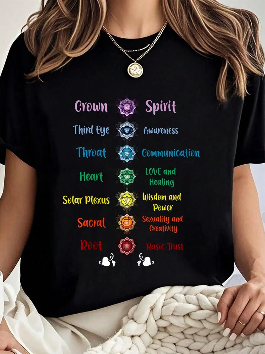 100% cotton Chakra Energy Spirit Spiritual Health Healing T-Shirt Women Graphic T-Shirt Cotton Print short Sleeve Casual Top, Summer Tee Womens Tops