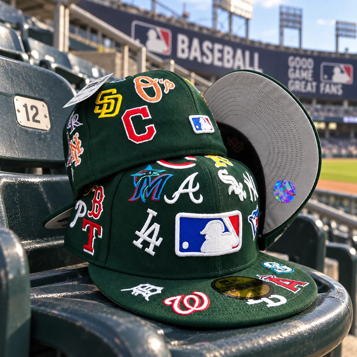 MLB Logo Scramble 59FIFTY Fitted Hat | Dark Green All-Over Embroidered Baseball Cap | Flat Brim Streetwear Hat
