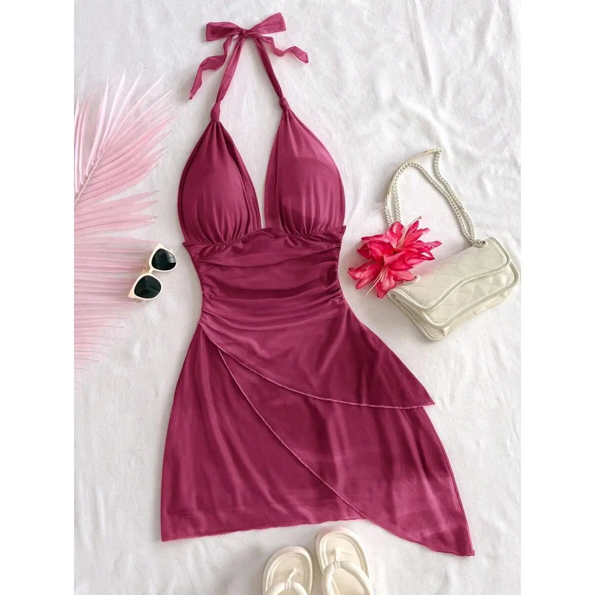 Soleia Sexy Vintage Ombre Halter V-Neck Tied Mesh Ruched Asymmetric Hem Romantic Vacation Mini Dress For Women,Summer Dresses For Women - TikTok Shop Soleia Sexy Vintage Ombre Halter V-Neck Tied Mesh Ruched Asymmetric Hem Romantic Vacation Mini Dress For Women,Summer Dresses For Women - TikTok Shop